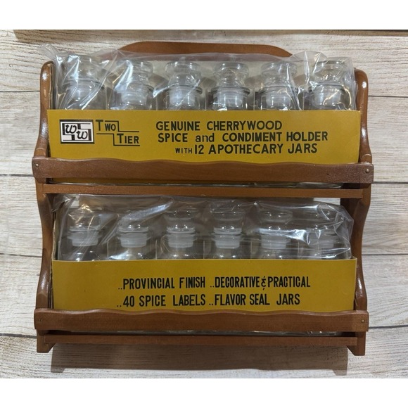 Other - MCM NOS Japan Wood Spice Rack 12 Apothecary Style Jars & Labels Mid Century Mod